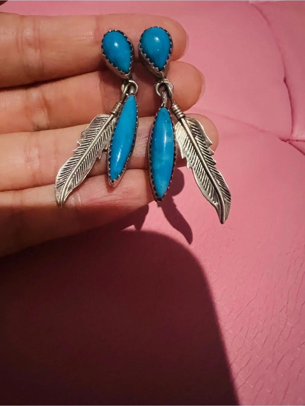 Vintage Old Pawn Turquoise Sterling Silver Feather Earrings